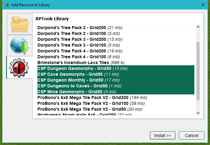 Add Resource dialog with CSP art packs selected