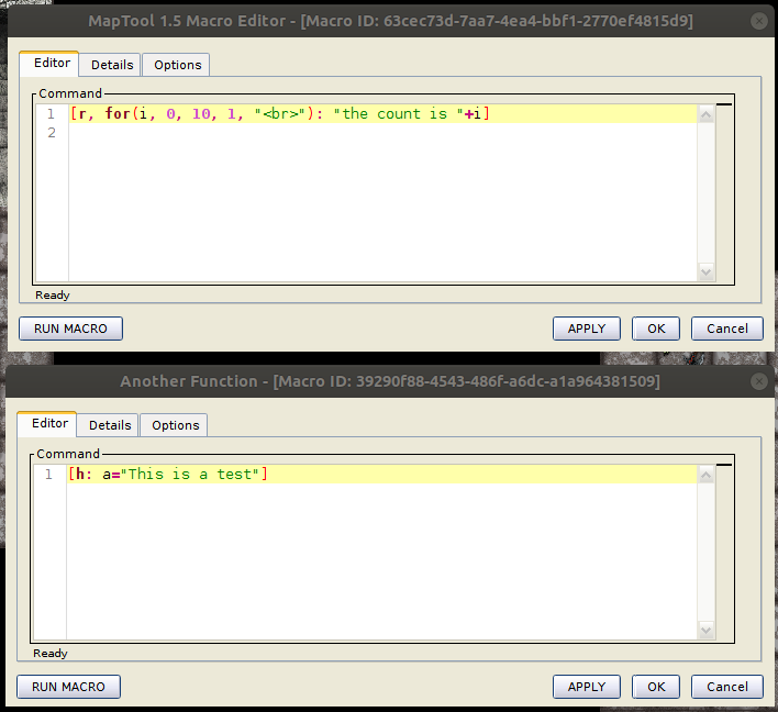two macro editors showing syntax highlighting