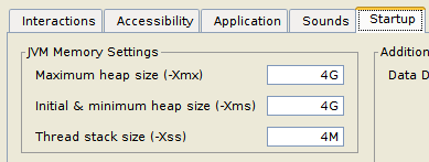JVM Memory Settings in Startup tab of Preferences dialog