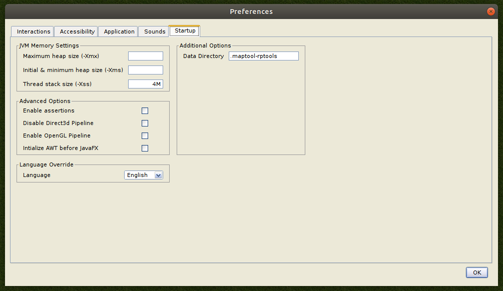 Startup tab in Preferences dialog