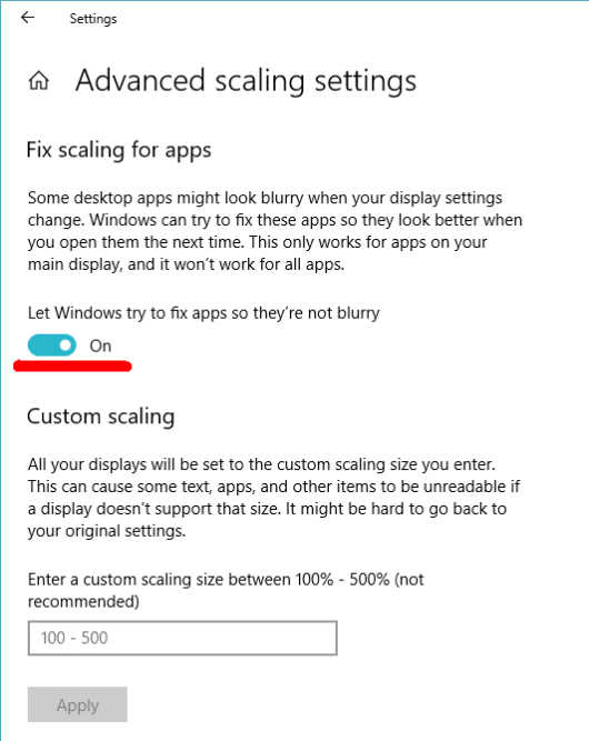 Allowing Windows to fix apps so they are not blurry