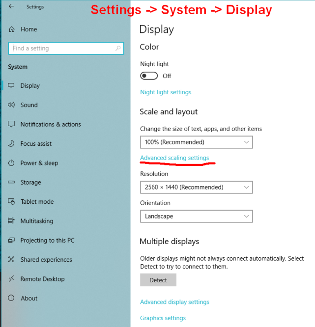 Finding the advanced scaling settings for Windows Display settings