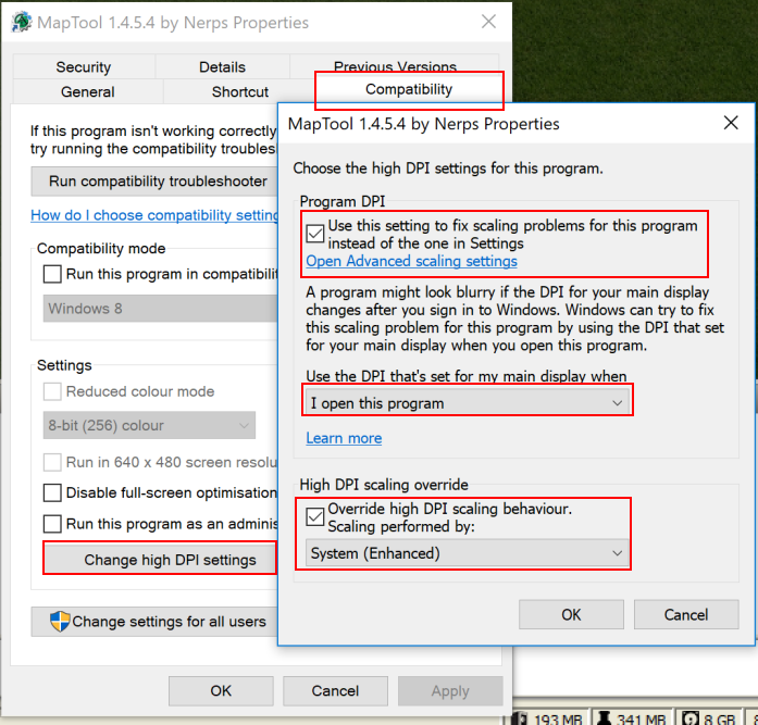 The necessary compatibility settings to fix MapTool blurriness